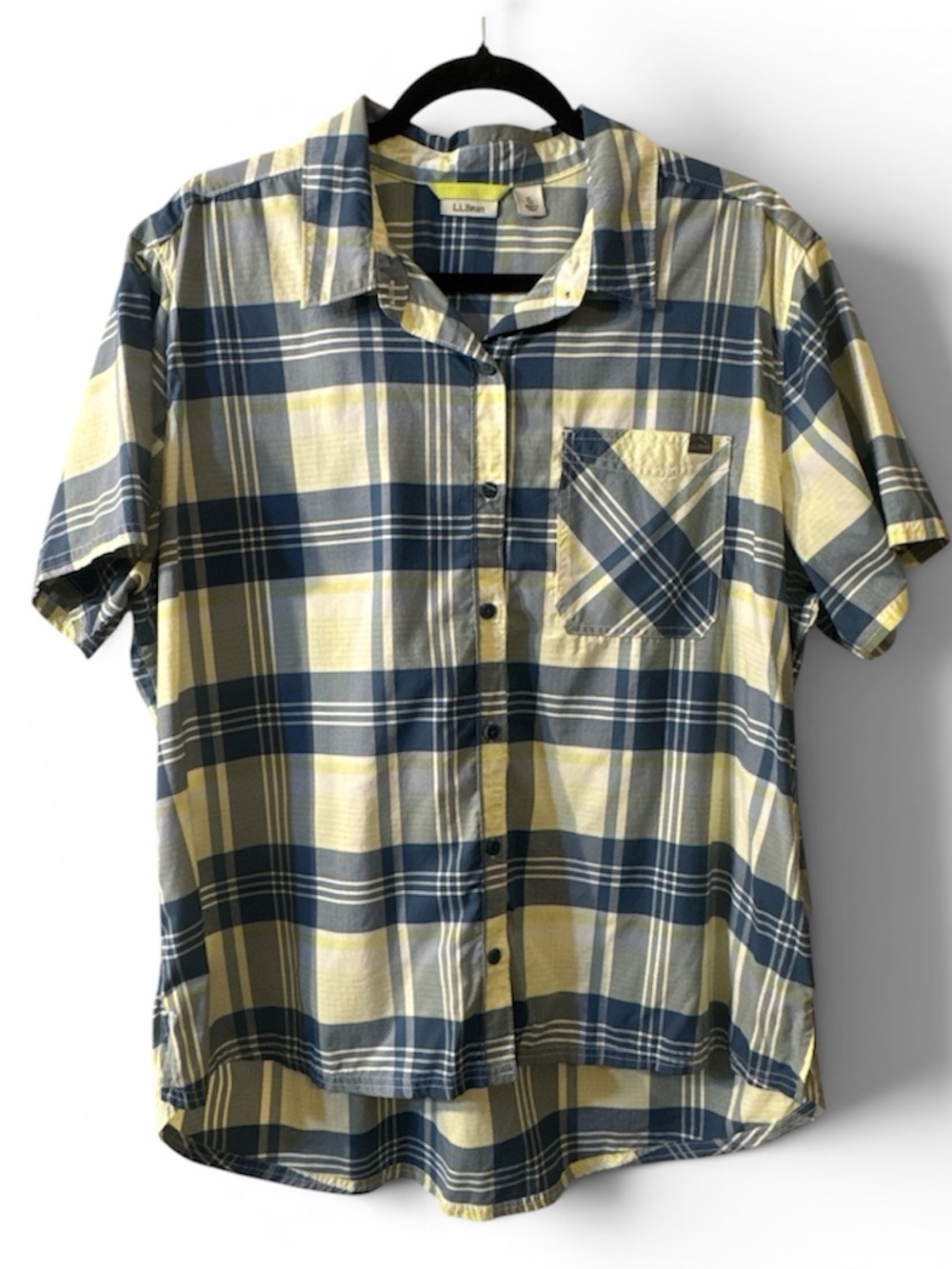 L.L. Bean Plaid Short-Sleeve Button-Down in Blue and Yellow green